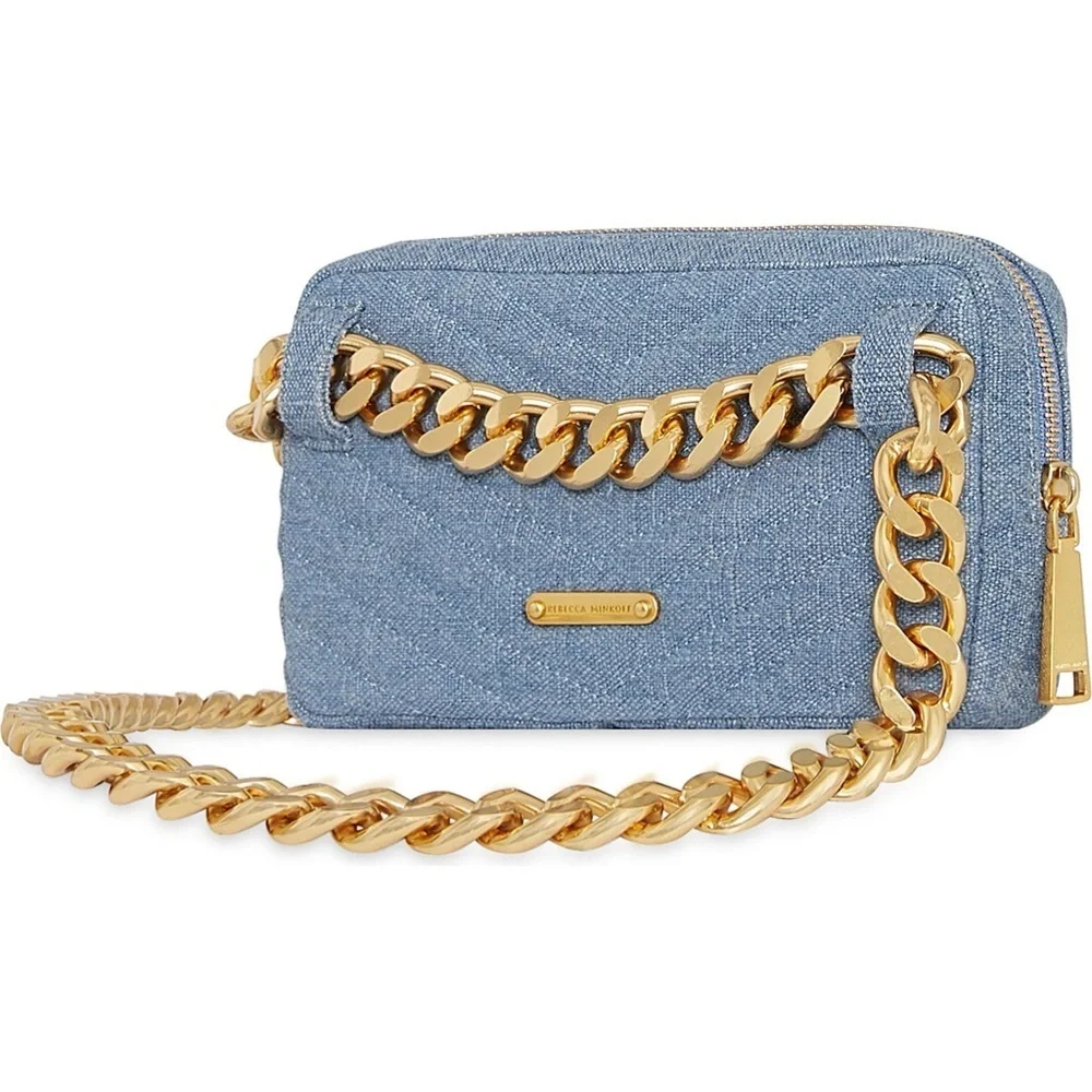 Rebecca Minkoff Eddie Blue Denim Chevron Quilted Gold Chain Belt Bag NWT
